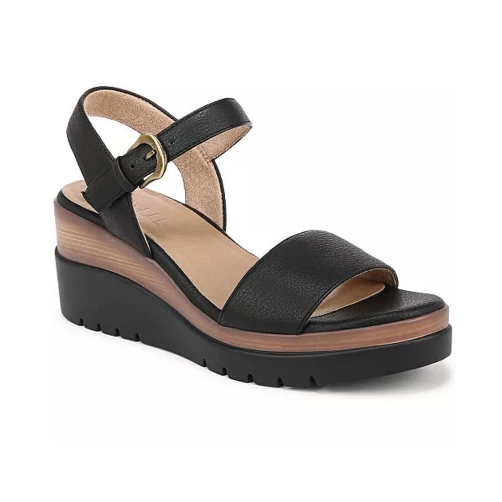 Soul Naturalizer Graciela Round Open Toe Wedge Sandals Black Faux Leather 10W